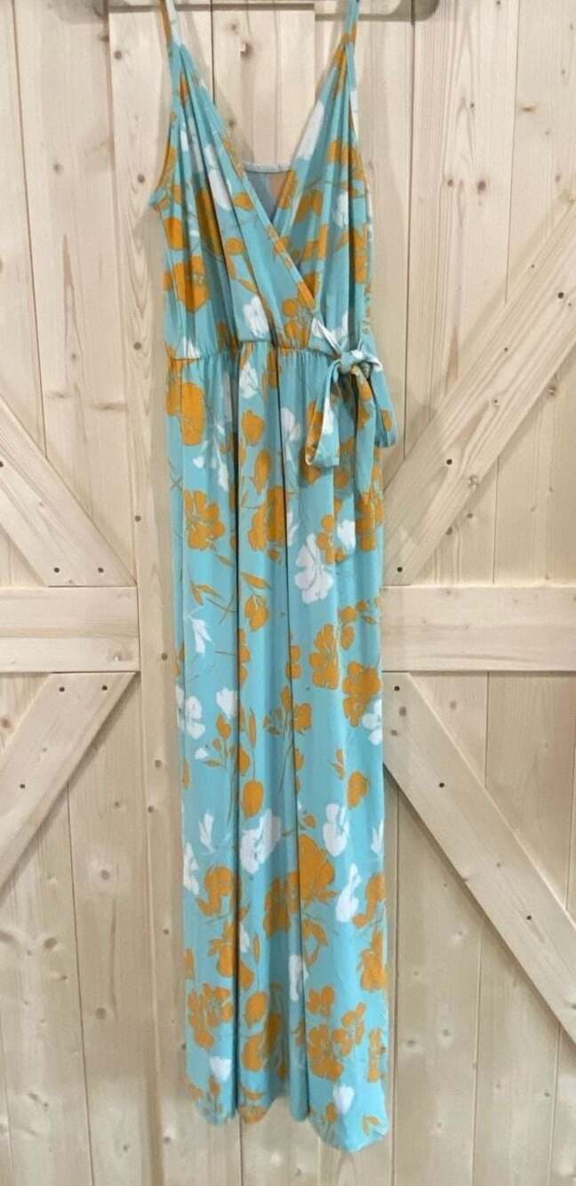 Floral Print V-Neck Spaghetti Strap Wrap Jumpsuit Blue Yellow Size S